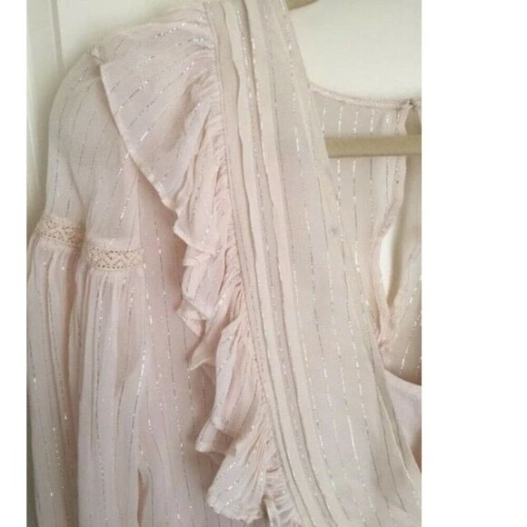 Anthropologie Ruffle Tunic Top Womens Ivory VNeck Long Sleeve Fairycore Metallic - Picture 7 of 12